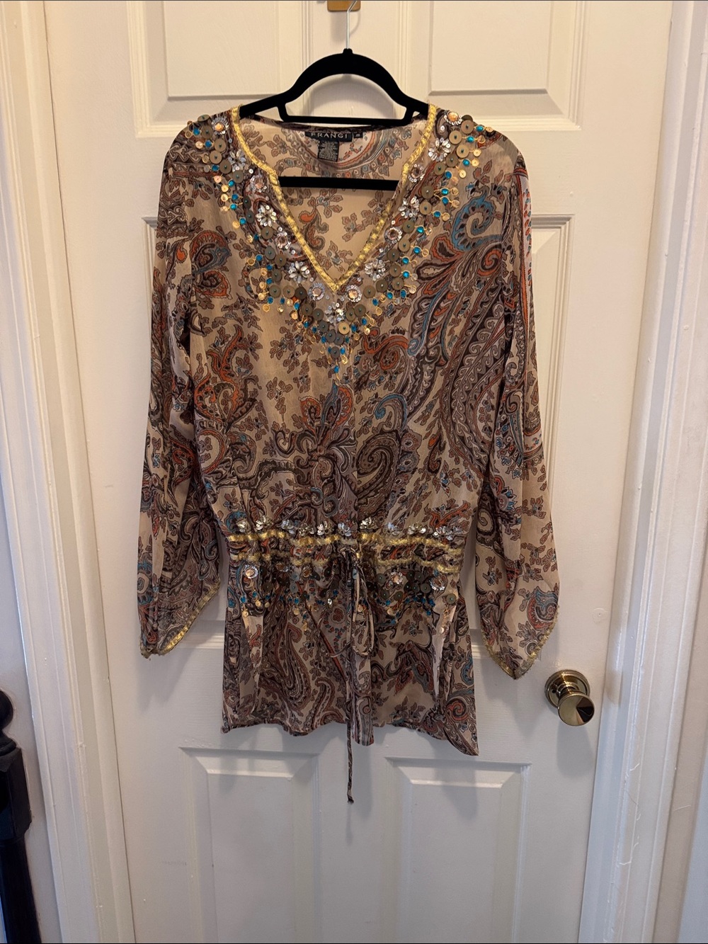 Trina Turk Paisley Sequin Drawstring Tunic in Beige, Brown & Teal